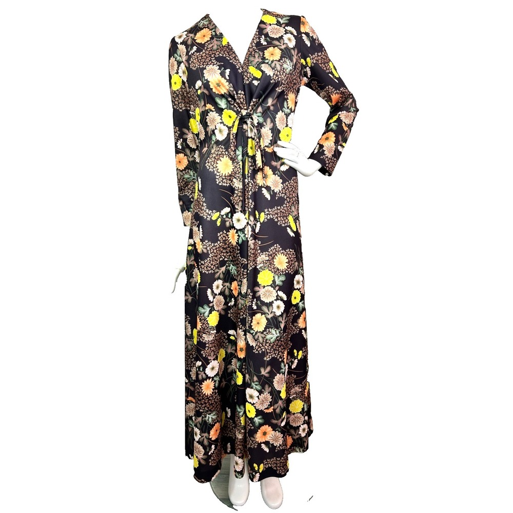 70s Floral Maxi Dress Size 8-10 M-L Brown V-Neck Twist Front Long Sleeve EUC - Picture 2 of 12
